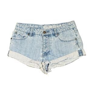 Volcom Denim Shorts Size 1 Womens Light Wash Blue Frayed Cuffed Low Rise
